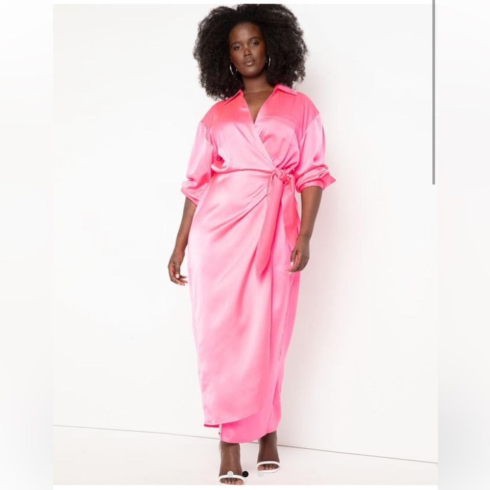 Eloquii Bright Pink Satin Maxi Wrap Dress - Picture 4 of 9